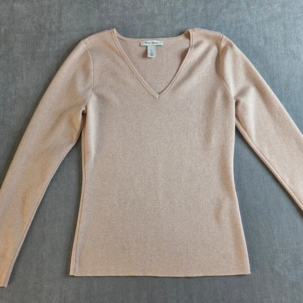 White House Black Market V-Neck Sweater Womens M Champagne Pink Metallic Shimmer